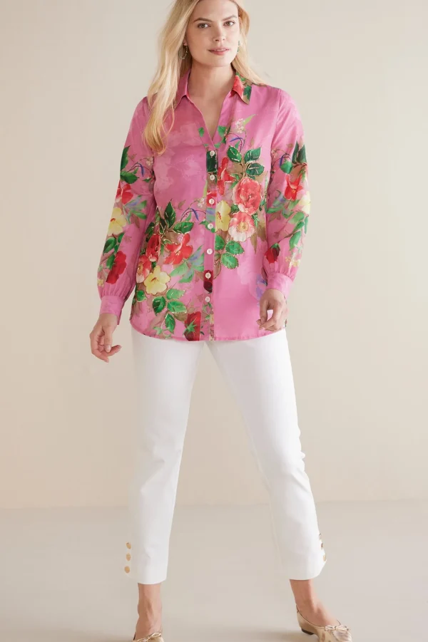 The Floral Shop-Soft Surroundings Petites Danica Embellished Shirt Red/Pink Floral