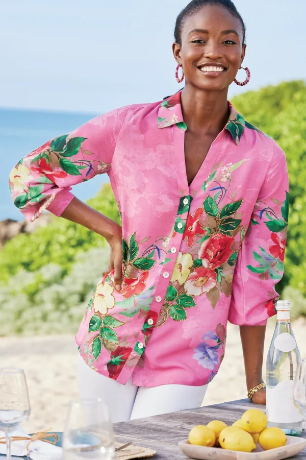 The Floral Shop-Soft Surroundings Petites Danica Embellished Shirt Red/Pink Floral