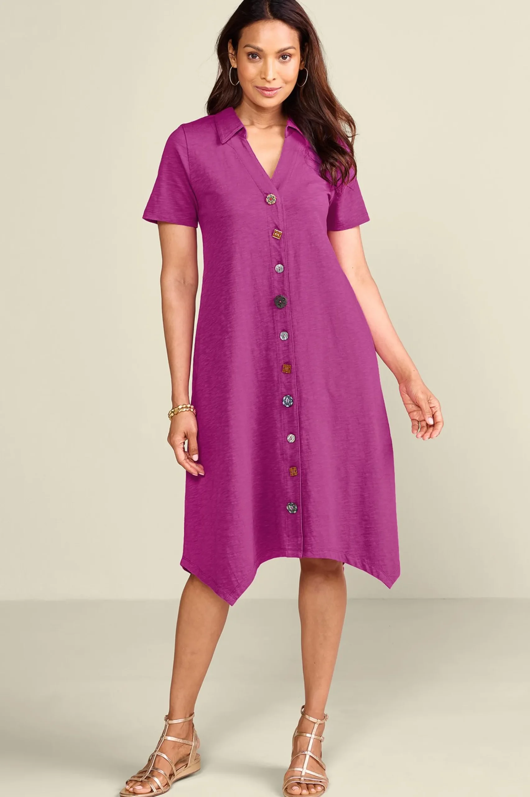 petites_danielle_button_d_0.webp Everyday Styles | Dresses-Soft Surroundings Petites Danielle Button Dress Sunset Coral