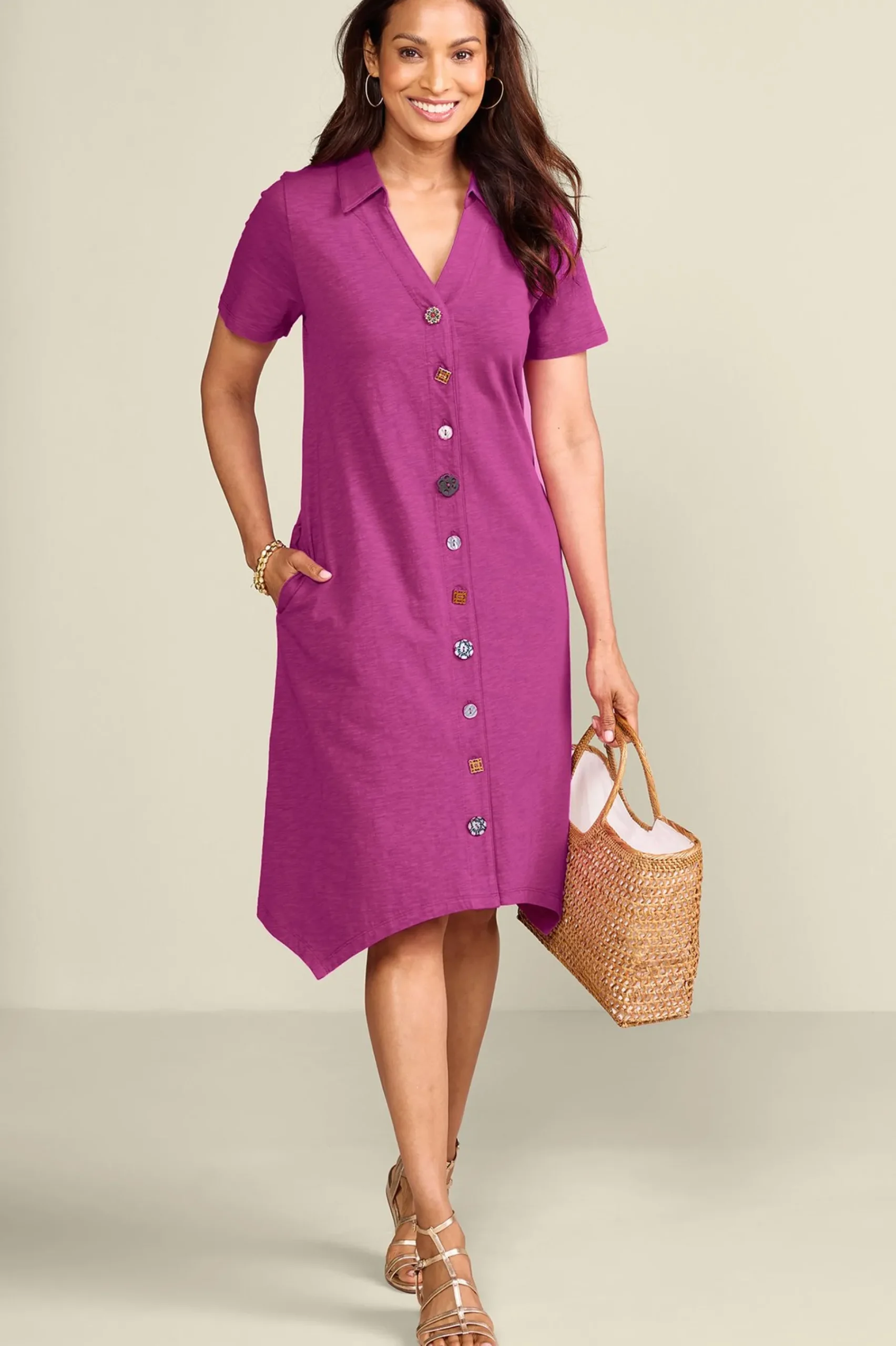 petites_danielle_button_d_4.webp Everyday Styles | Dresses-Soft Surroundings Petites Danielle Button Dress Sunset Coral