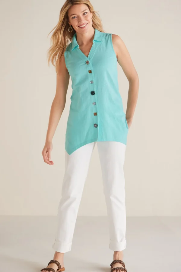 Everyday Styles-Soft Surroundings Petites Danielle Button Tank Aqua Splash