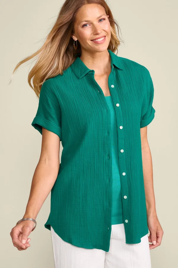 Gauze Shop-Soft Surroundings Petites Je Veux Gauze Top Navy