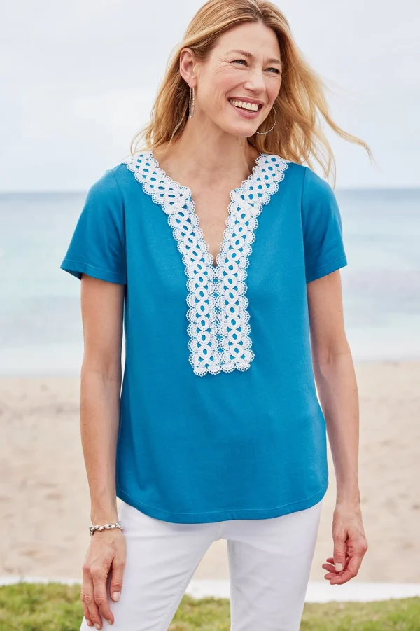 Into The Blues | Global Artistry-Soft Surroundings Petites Kaitlyn Embellished Knit Tee Swedish Blue
