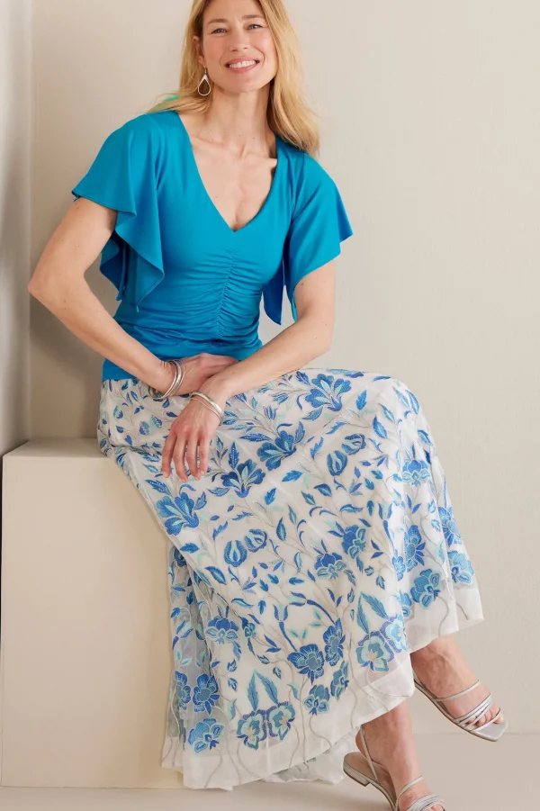 Feminine Flourish | Into The Blues-Soft Surroundings Petites Leya Ruched Top Swedish Blue