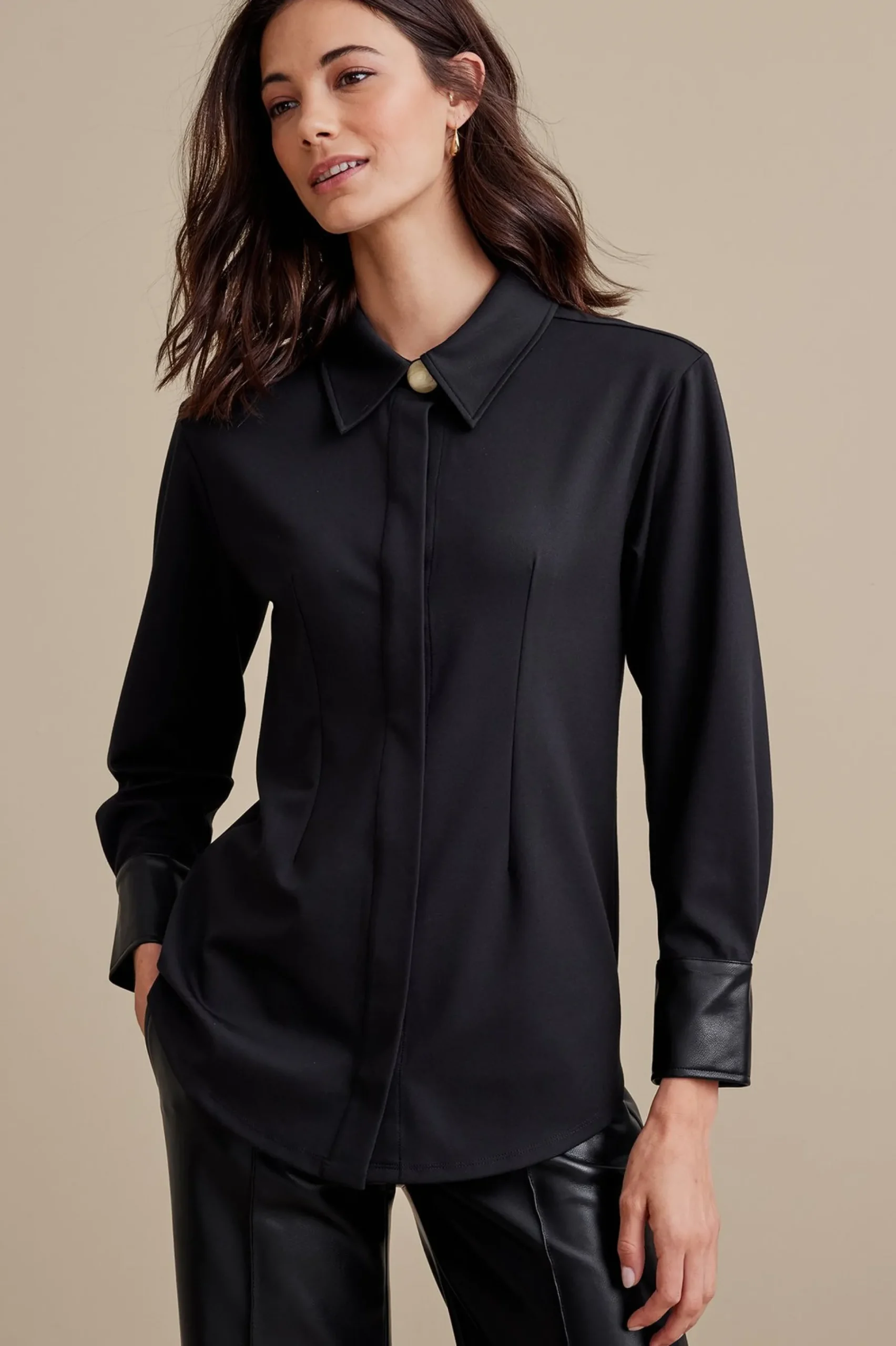 petites_mattea_faux_leath_0.webp long sleeve | shirts-Soft Surroundings Petites Mattea Faux Leather Cuff Tunic Black