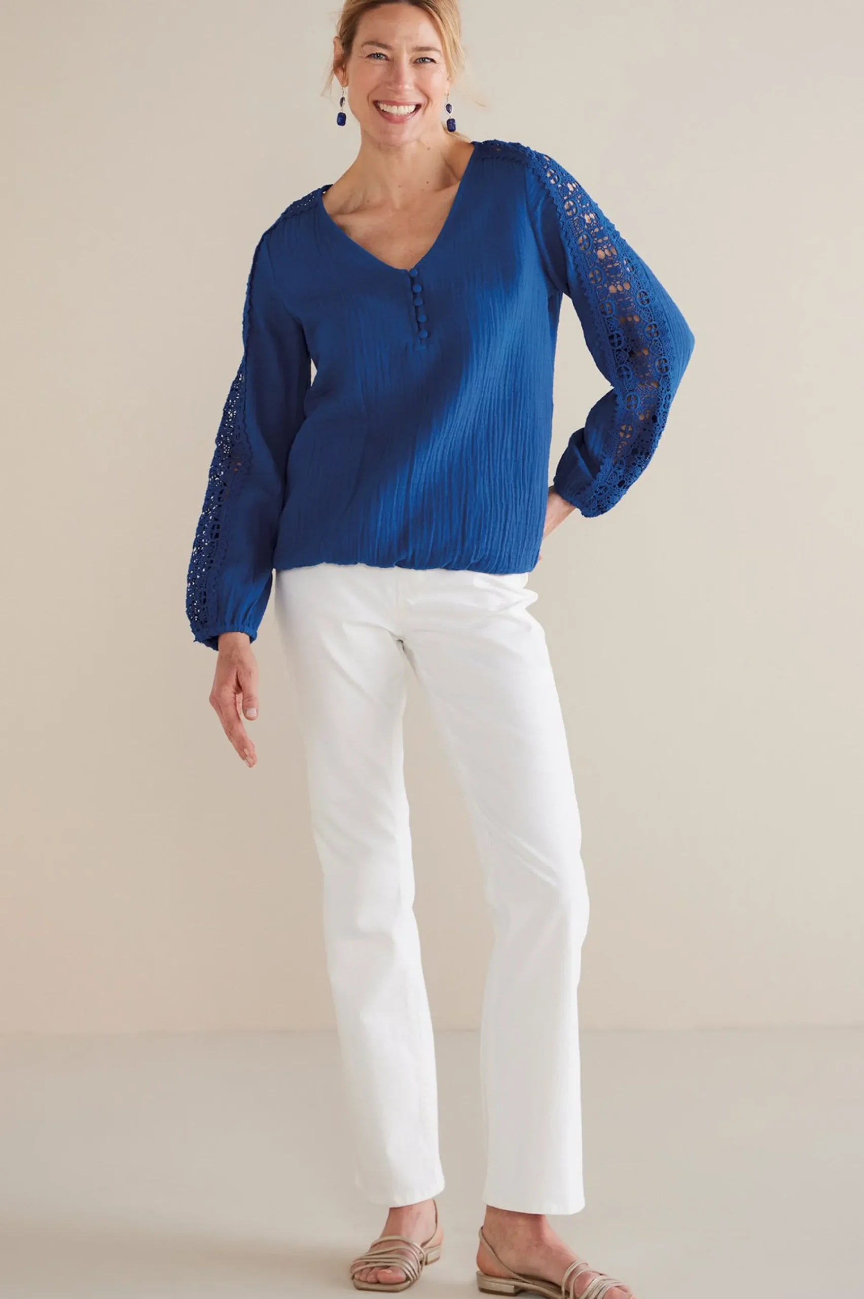 petites_melinda_gauze__cr_1.webp Feminine Flourish | Into The Blues-Soft Surroundings Petites Melinda Gauze & Crochet Top Sapphire