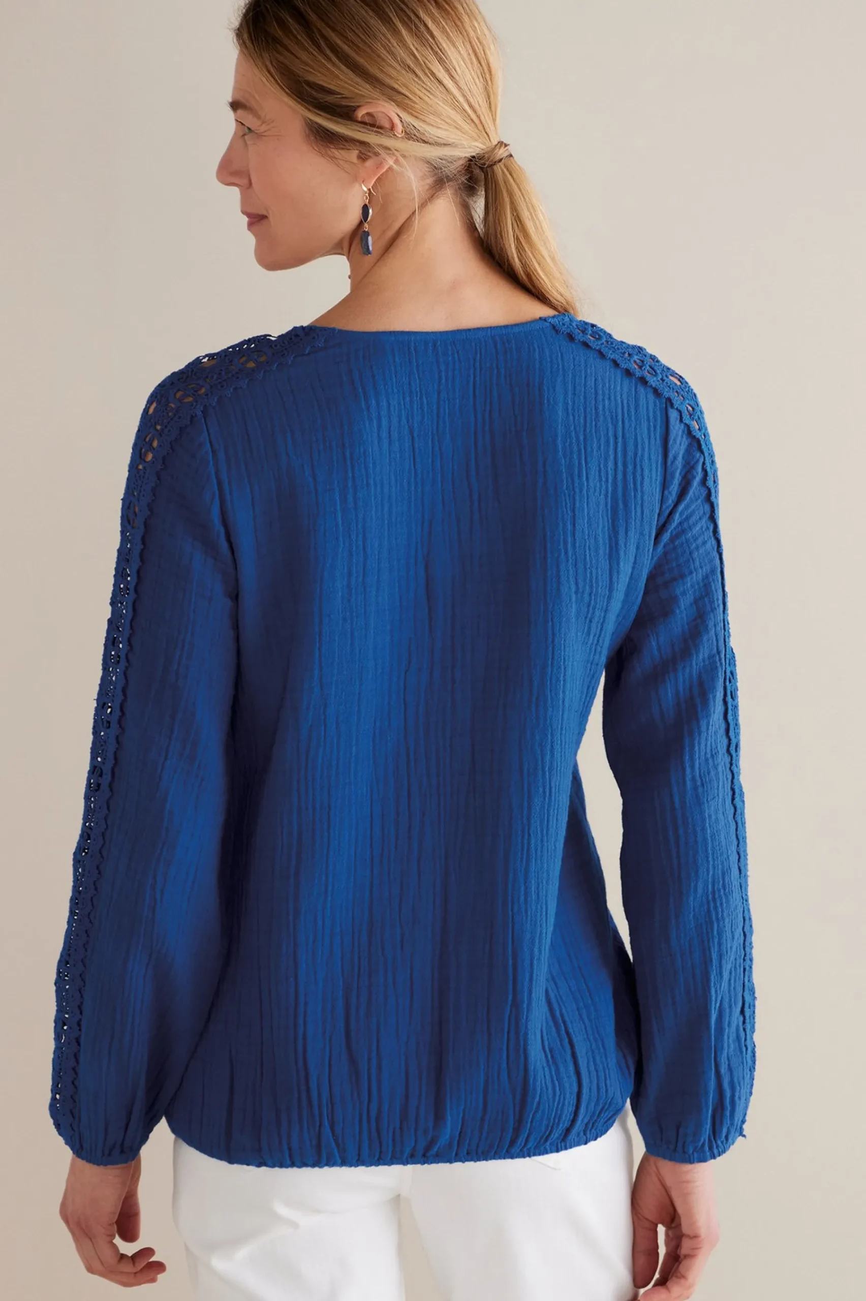 petites_melinda_gauze__cr_2.webp Feminine Flourish | Into The Blues-Soft Surroundings Petites Melinda Gauze & Crochet Top Sapphire