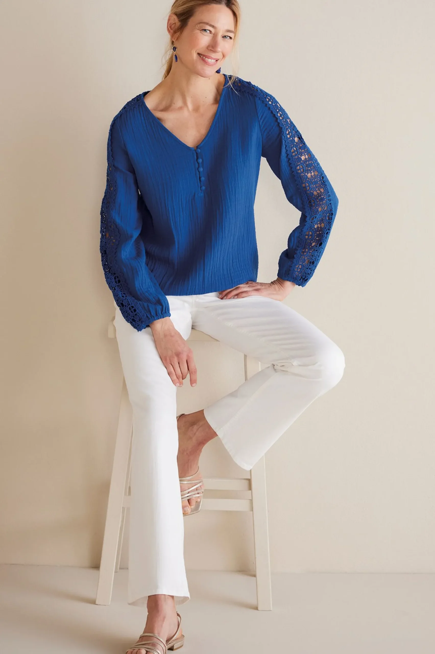petites_melinda_gauze__cr_5.webp Feminine Flourish | Into The Blues-Soft Surroundings Petites Melinda Gauze & Crochet Top Sapphire