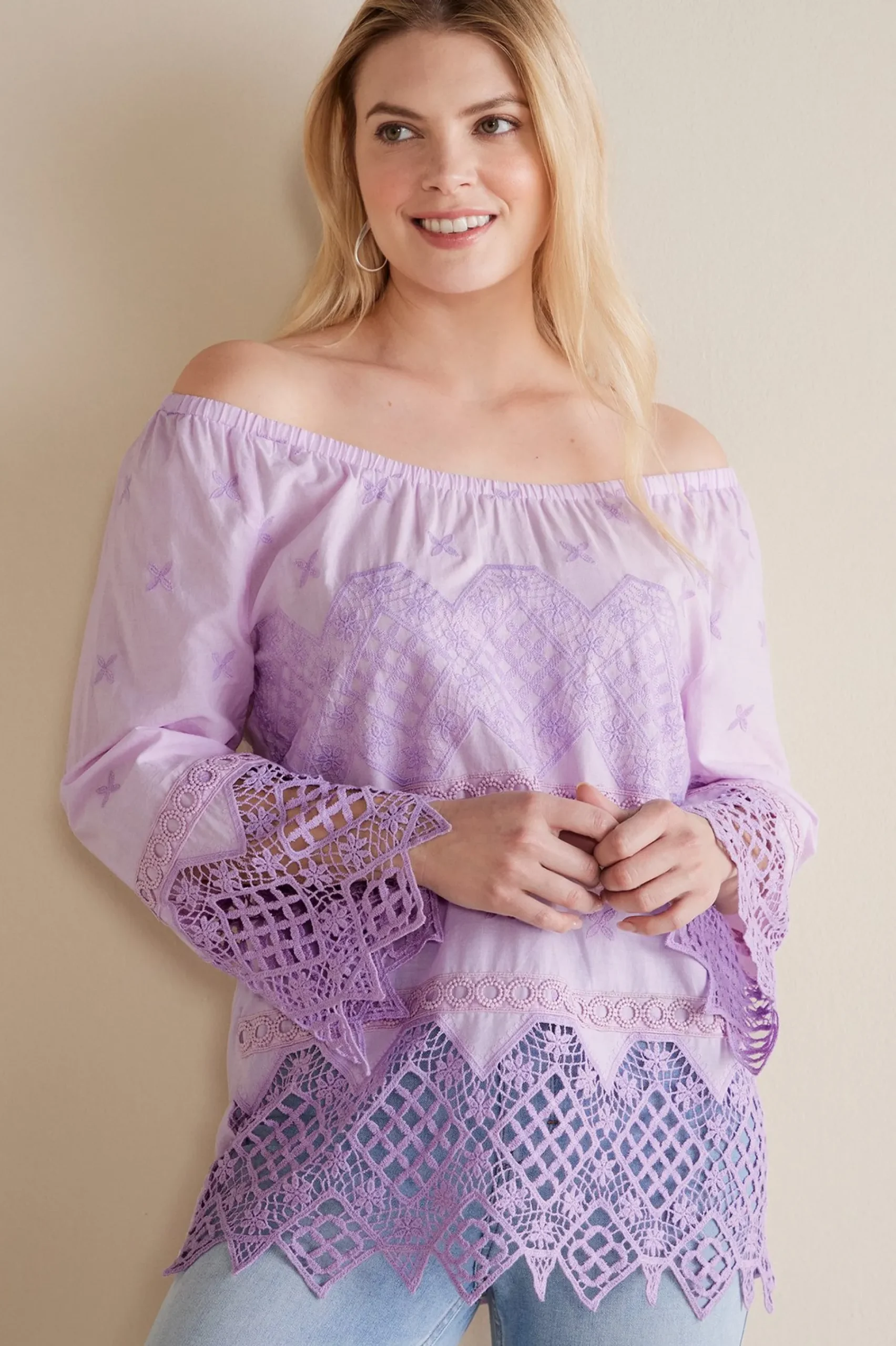 petites_pilar_off_the_sho_3.webp Feminine Flourish | Global Artistry-Soft Surroundings Petites Pilar Off the Shoulder Top Orchid Bloom