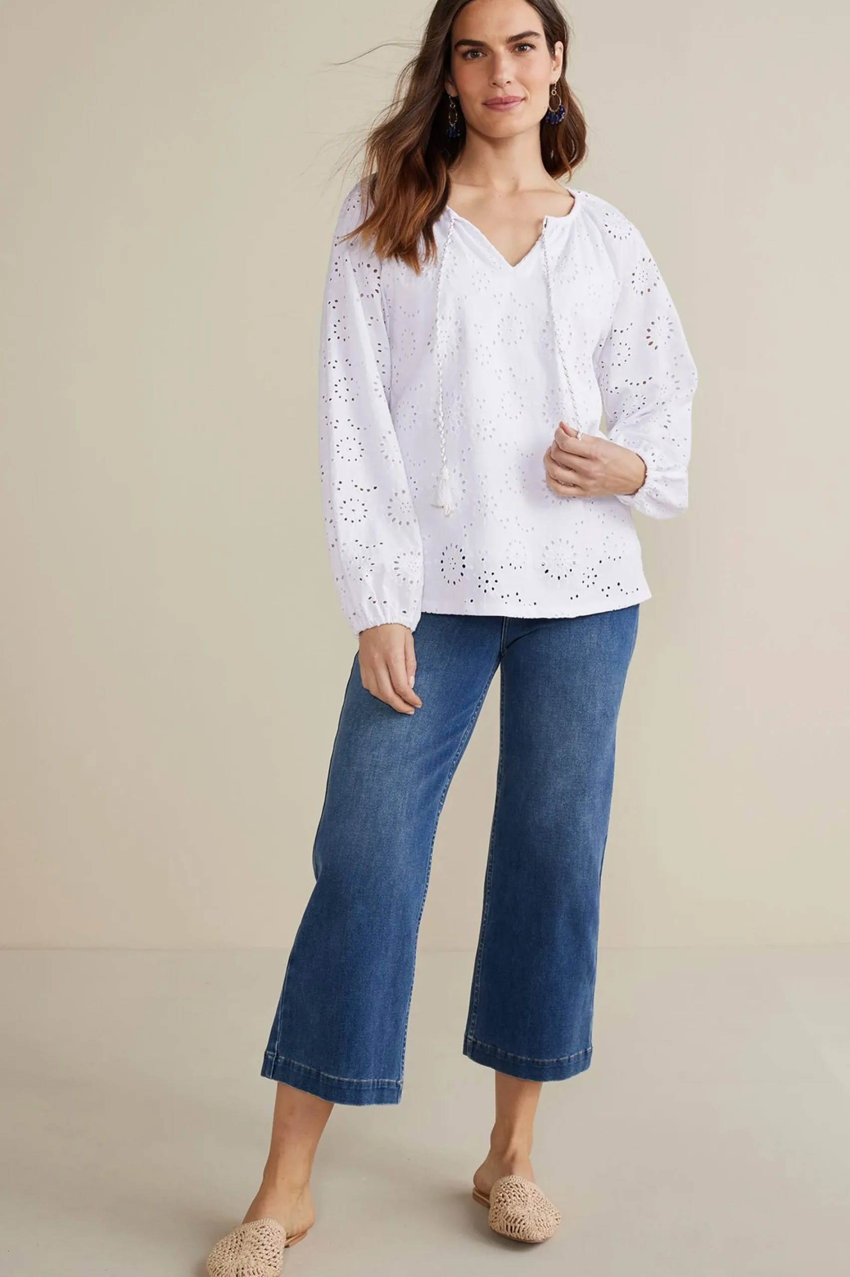 petites_rhiannon_eyelet_p_1.webp Feminine Flourish | Global Artistry-Soft Surroundings Petites Rhiannon Eyelet Peasant Top White