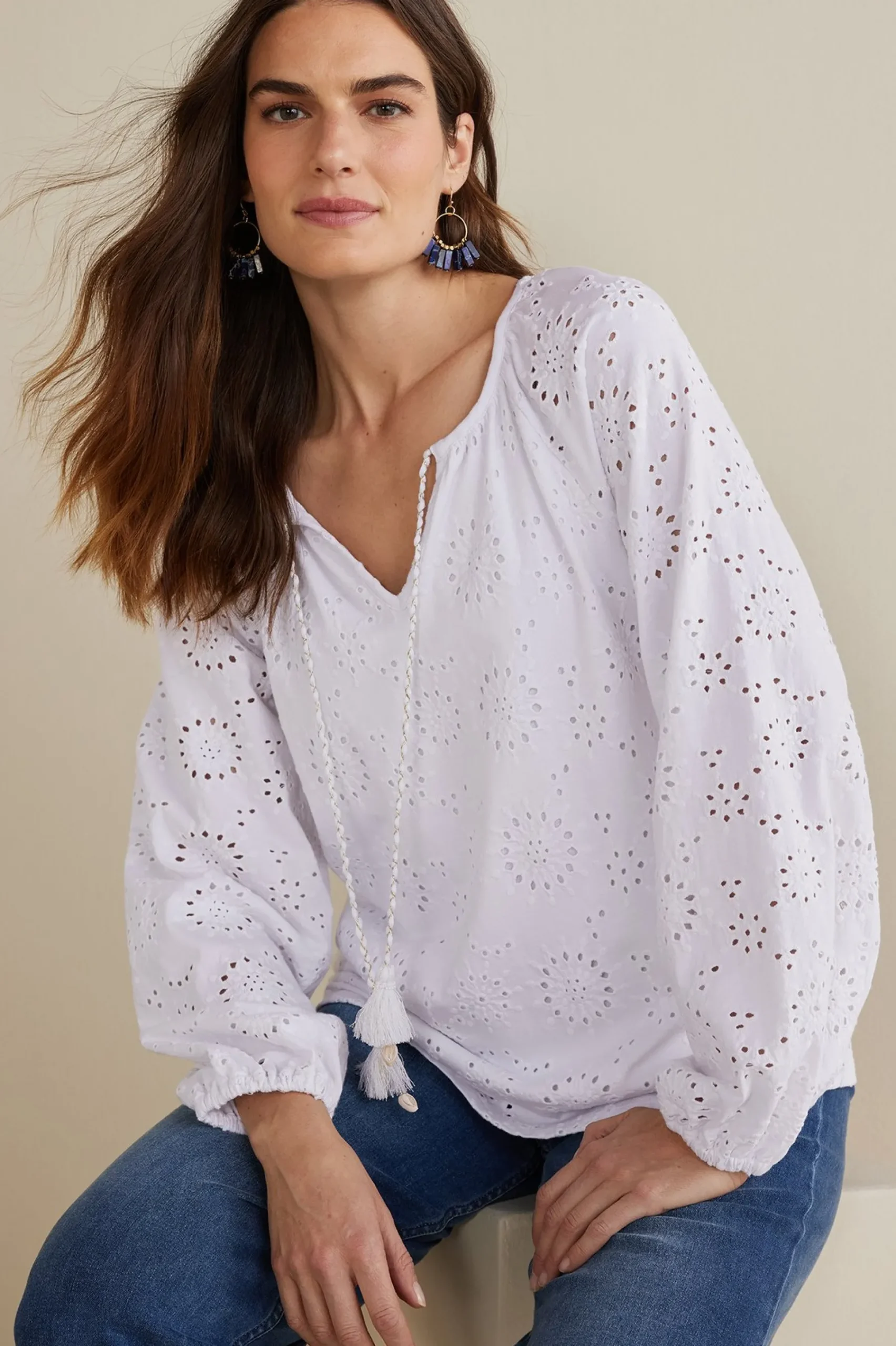 petites_rhiannon_eyelet_p_5.webp Feminine Flourish | Global Artistry-Soft Surroundings Petites Rhiannon Eyelet Peasant Top White