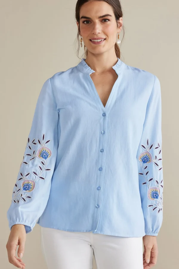 Into The Blues-Soft Surroundings Petites Titania Embroidered Top Chambray Blue