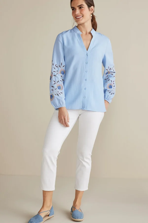 Into The Blues-Soft Surroundings Petites Titania Embroidered Top Chambray Blue