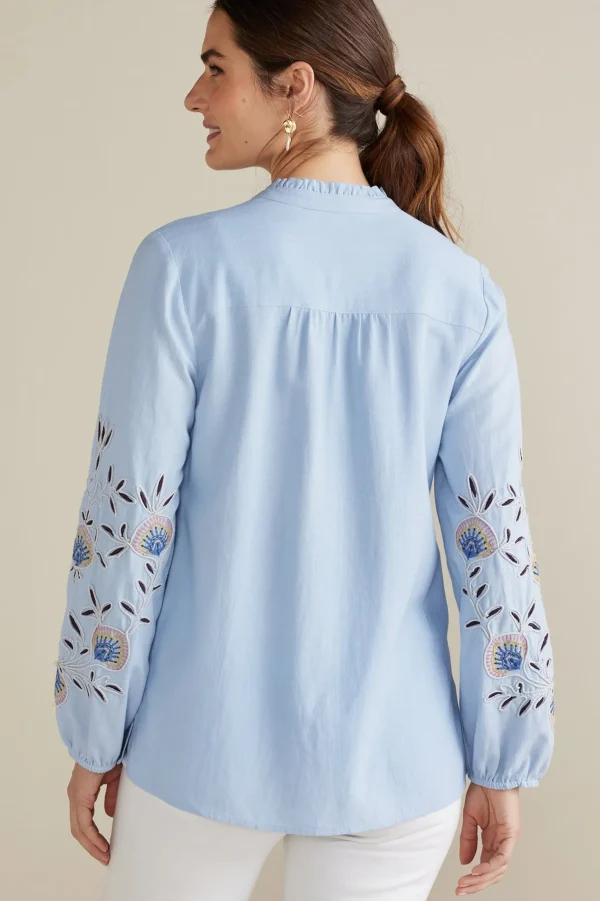 Into The Blues-Soft Surroundings Petites Titania Embroidered Top Chambray Blue