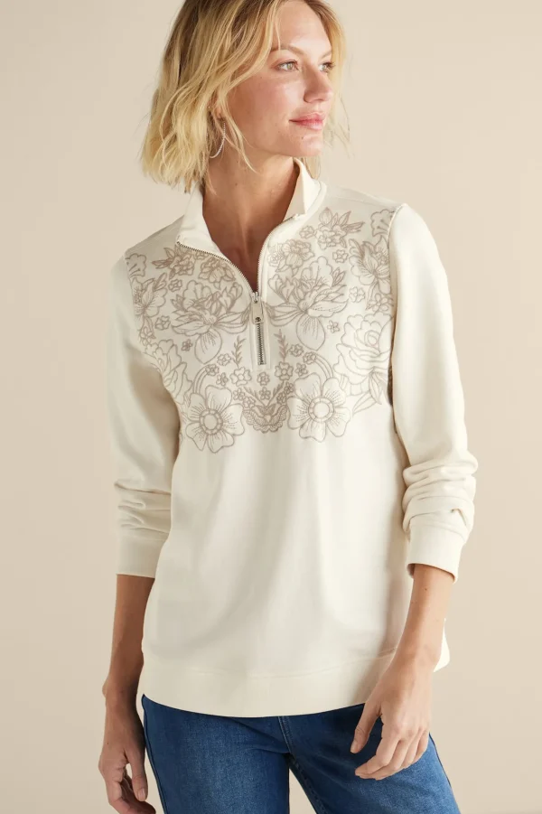 Feminine Flourish | Wear Now Styles-Soft Surroundings Rochelle Embroidered French Terry Pullover Ivory Pearl