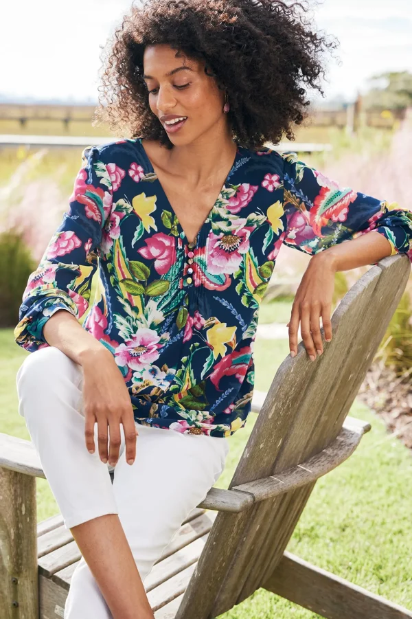 Feminine Flourish | Vacation Shop-Soft Surroundings Samantha Georgette Top Navy Paisley