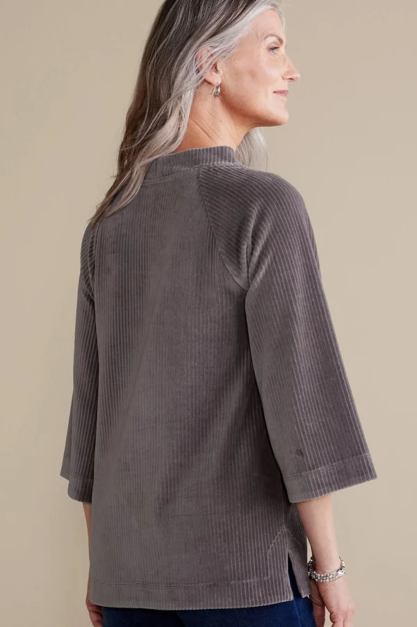 Everyday Styles | three quarter length-Soft Surroundings Samina Corduroy Pullover Shoreline Grey