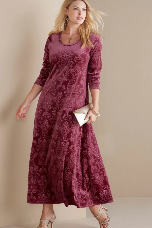 Feminine Flourish | EVelvet Styles-Soft Surroundings Santiago Embossed Velvet Dress Cabernet Tapestry