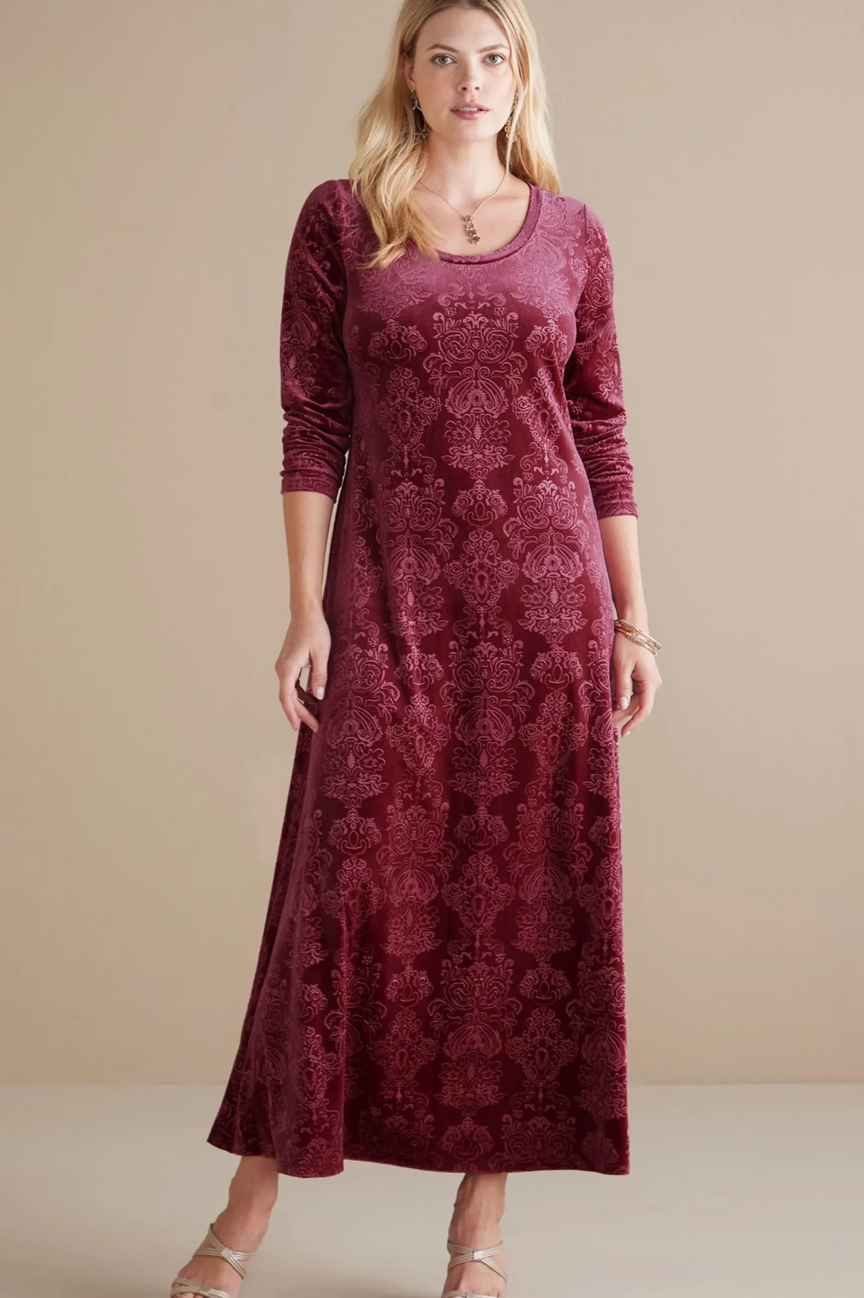 santiago_embossed_velvet__1.webp Feminine Flourish | EVelvet Styles-Soft Surroundings Santiago Embossed Velvet Dress Cabernet Tapestry