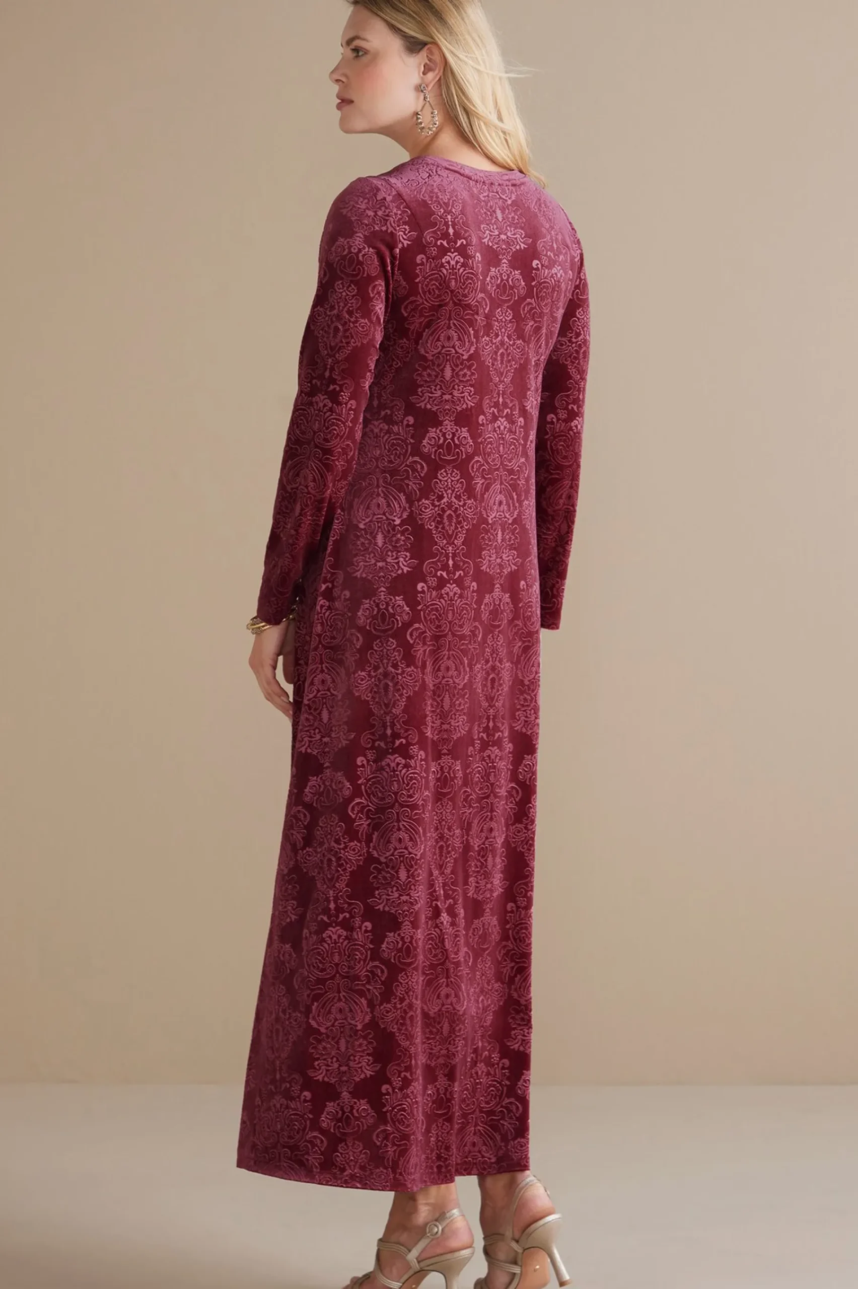 santiago_embossed_velvet__2.webp Feminine Flourish | EVelvet Styles-Soft Surroundings Santiago Embossed Velvet Dress Cabernet Tapestry