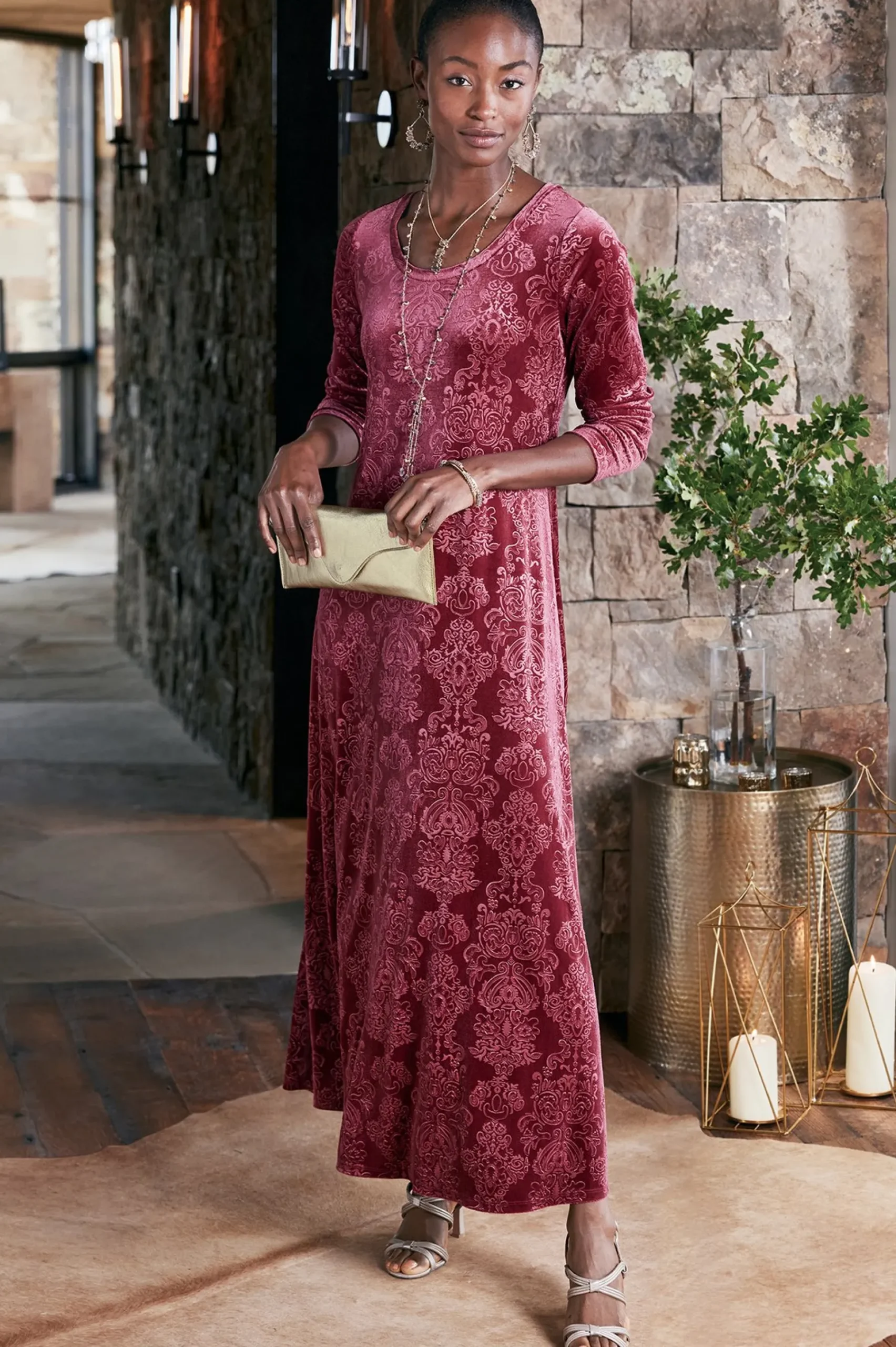santiago_embossed_velvet__3.webp Feminine Flourish | EVelvet Styles-Soft Surroundings Santiago Embossed Velvet Dress Cabernet Tapestry