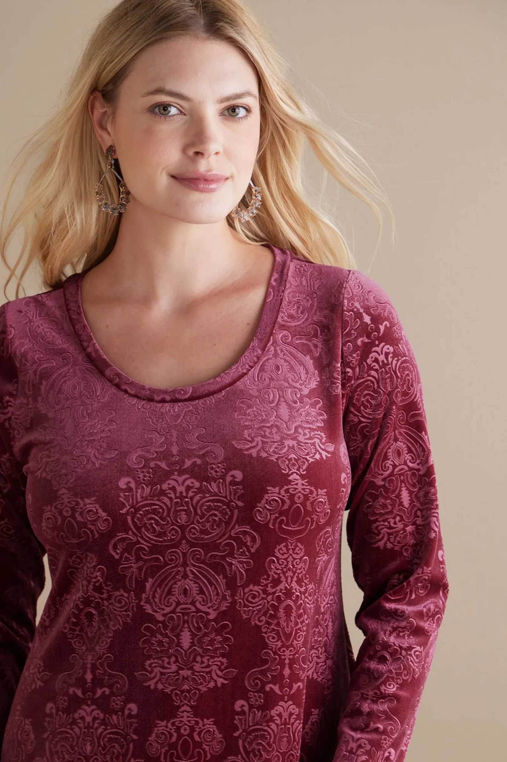 santiago_embossed_velvet__4.webp Feminine Flourish | EVelvet Styles-Soft Surroundings Santiago Embossed Velvet Dress Cabernet Tapestry