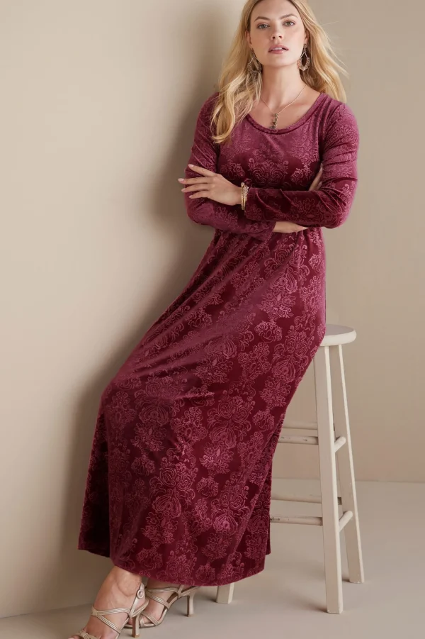 Feminine Flourish | EVelvet Styles-Soft Surroundings Santiago Embossed Velvet Dress Cabernet Tapestry