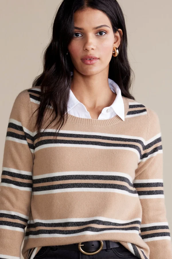 Sweaters & Cardigans | long sleeve-Soft Surroundings Shayna Cashmere Sweater Camel Stripe