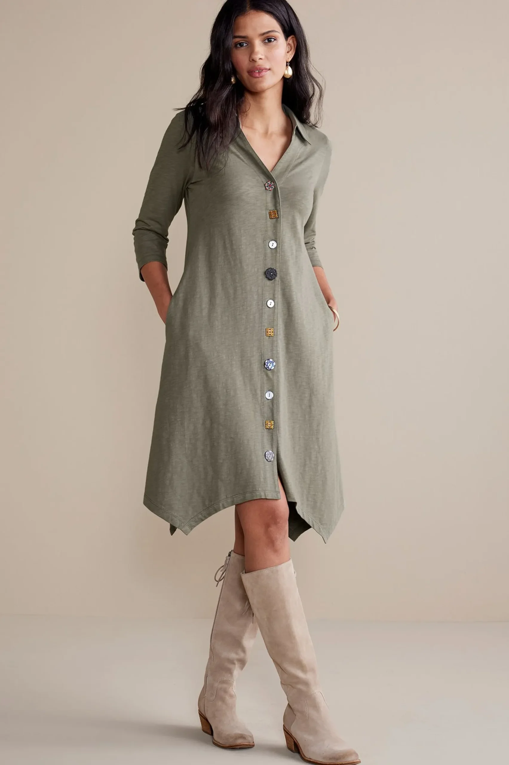 sleeve_danielle_button_d_0.webp solids | short-Soft Surroundings 3/4 Sleeve Danielle Button Dress Agave Green