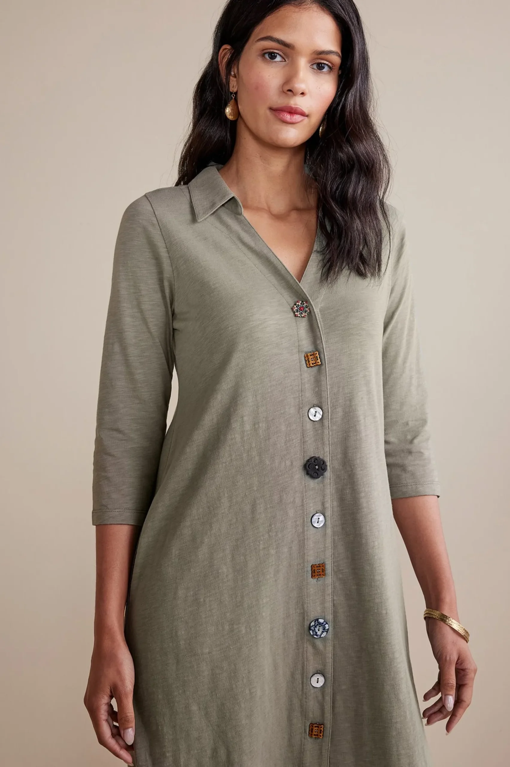 sleeve_danielle_button_d_1.webp solids | short-Soft Surroundings 3/4 Sleeve Danielle Button Dress Agave Green