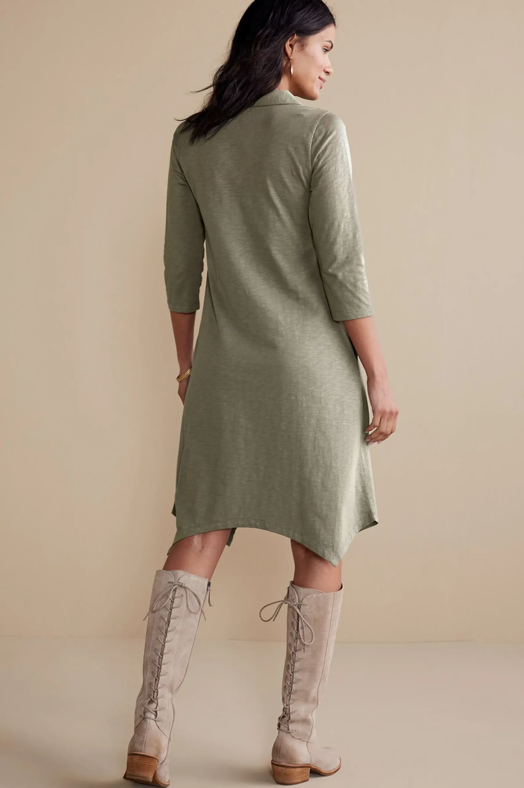 sleeve_danielle_button_d_2.webp solids | short-Soft Surroundings 3/4 Sleeve Danielle Button Dress Agave Green