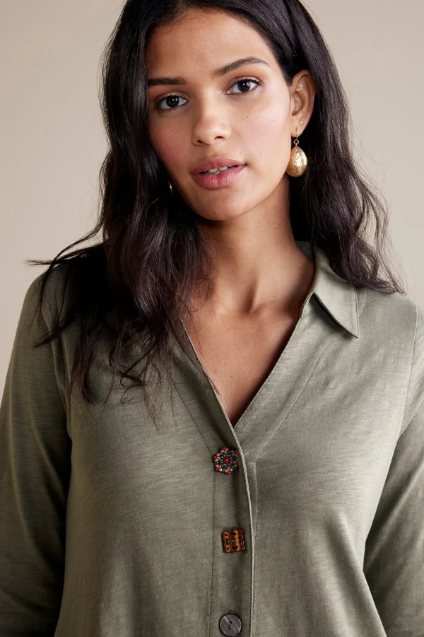 solids | short-Soft Surroundings 3/4 Sleeve Danielle Button Dress Agave Green