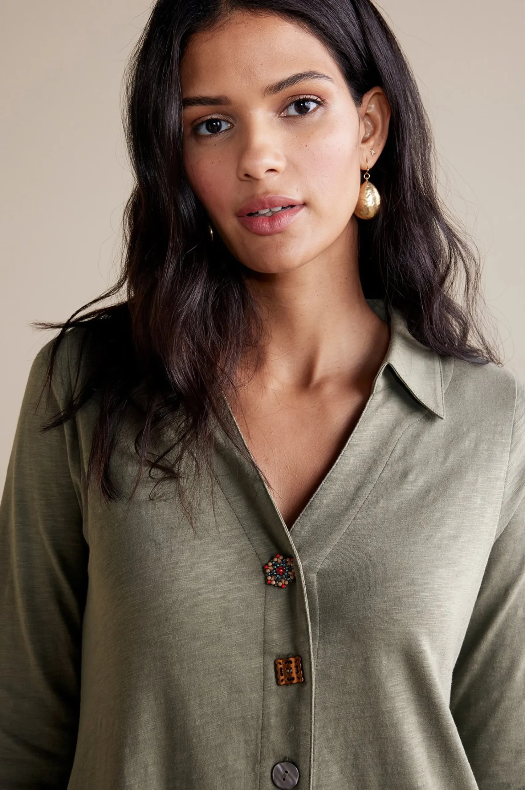 sleeve_danielle_button_d_3.webp solids | short-Soft Surroundings 3/4 Sleeve Danielle Button Dress Agave Green