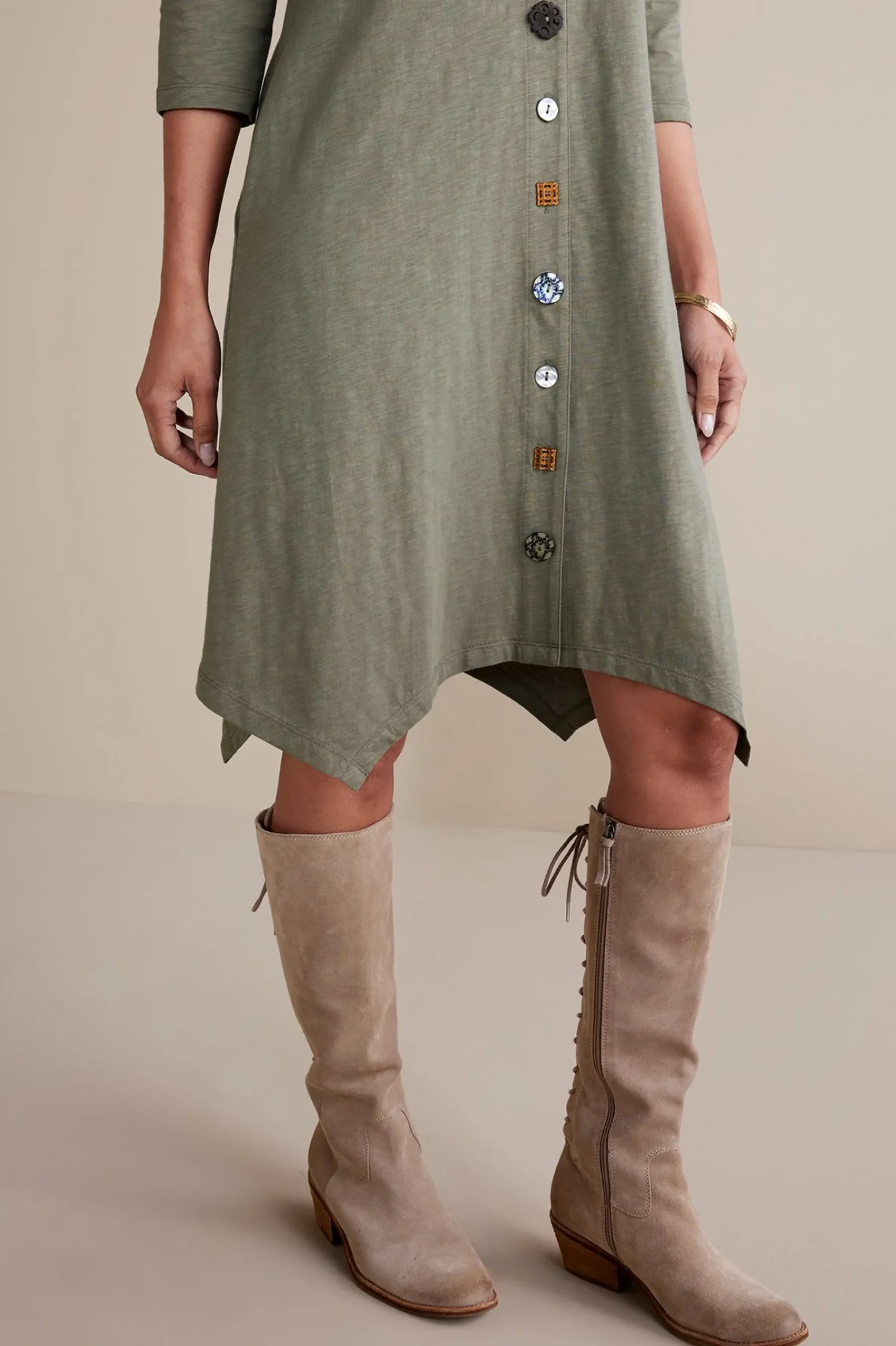 sleeve_danielle_button_d_4.webp solids | short-Soft Surroundings 3/4 Sleeve Danielle Button Dress Agave Green