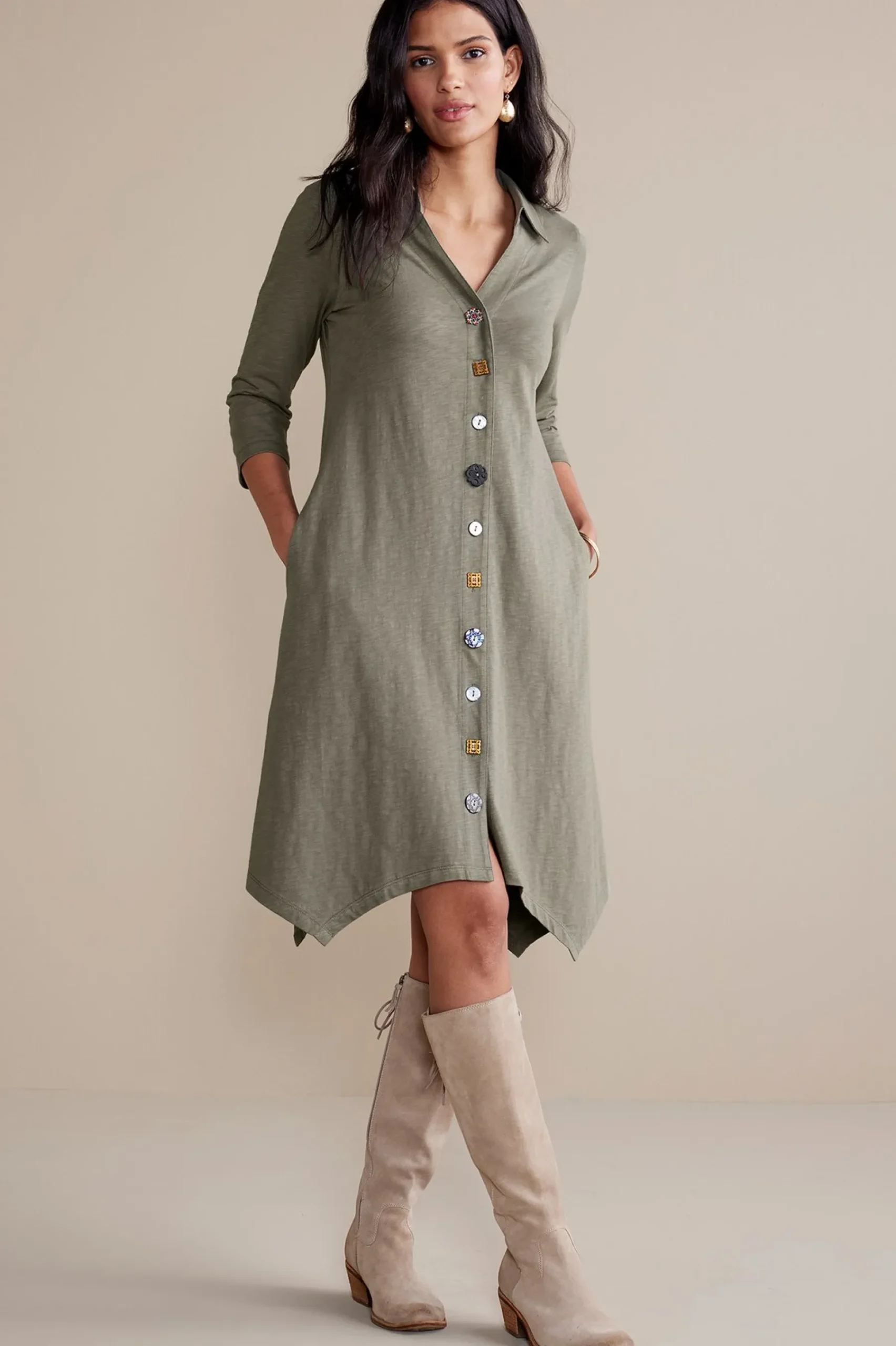 sleeve_danielle_button_d_5.webp solids | short-Soft Surroundings 3/4 Sleeve Danielle Button Dress Agave Green