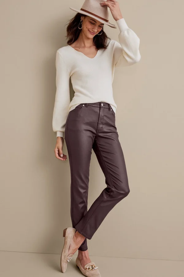 Everyday Styles | leggings-Soft Surroundings Ultimate Denim Coated Straight Leg Jeans Coated Dark Brown