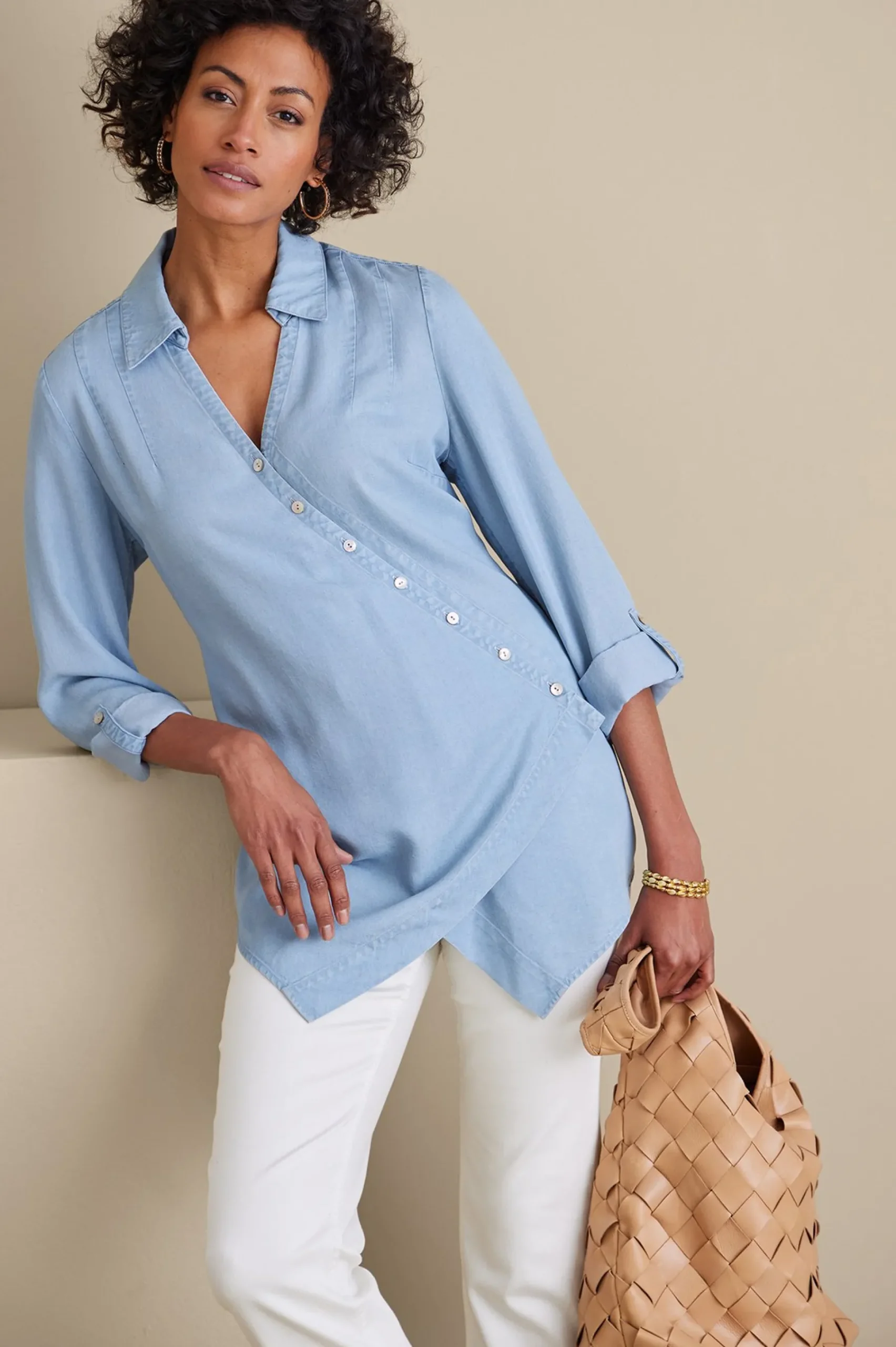 washed_tencel_tunic_5.webp Into The Blues | Vacation Shop-Soft Surroundings Washed TENCEL Tunic Light Wash Denim