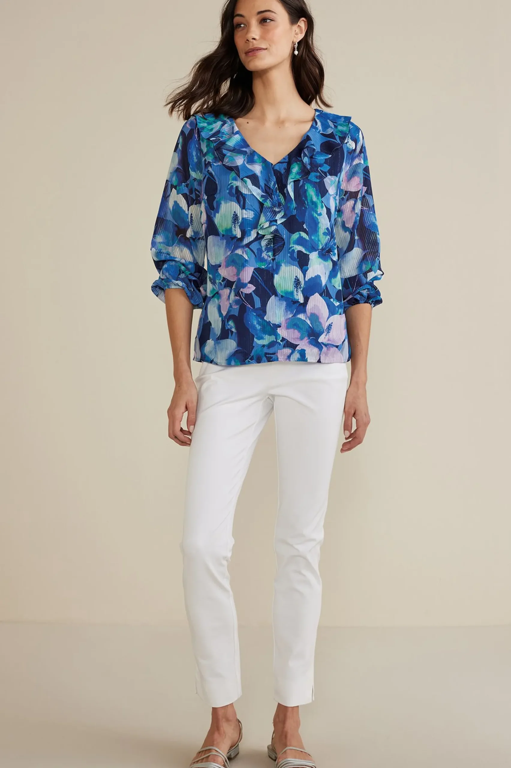 xenia_ruffle_top_1.webp Feminine Flourish | long sleeve-Soft Surroundings Xenia Ruffle Top Purple Floral