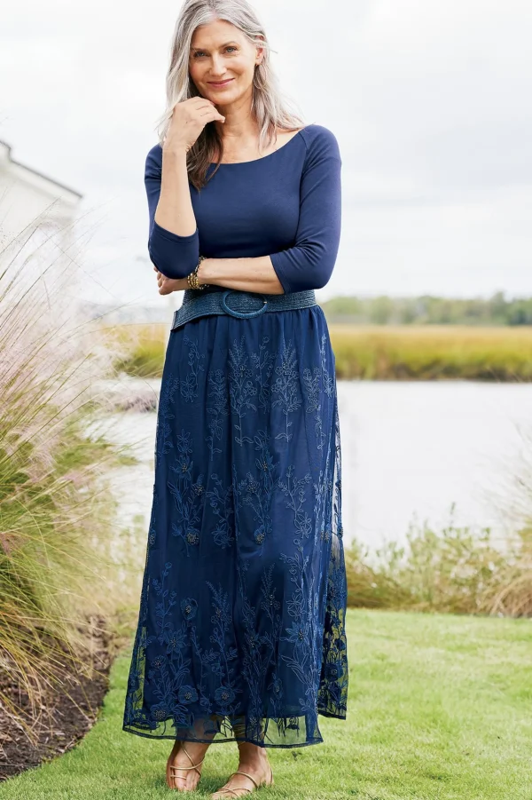 Feminine Flourish | Into The Blues-Soft Surroundings Zuri Embroidered Mesh Skirt Navy